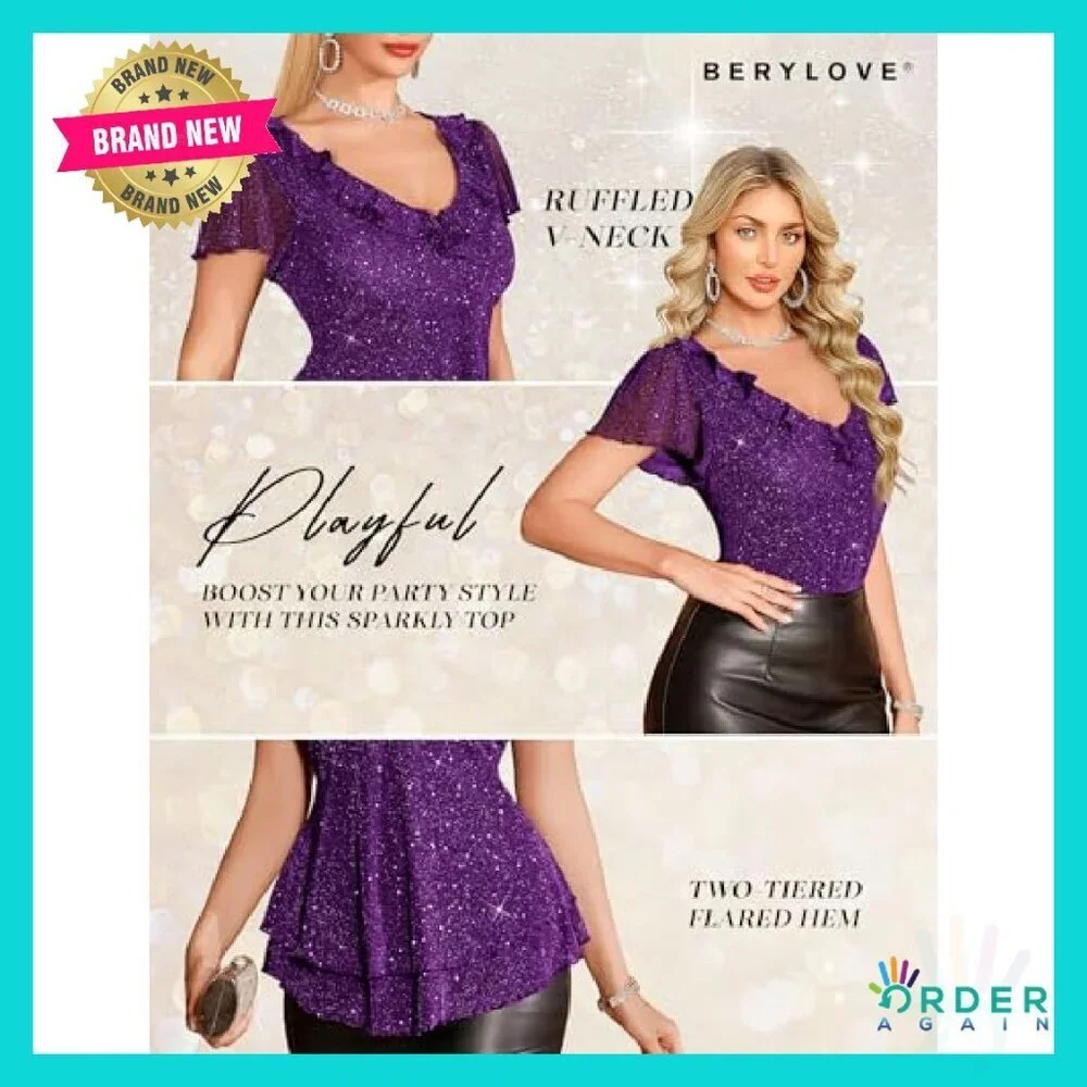 Sparkly Sequin V-Neck Ruffle Top Elegant Chic Party Wear Summer Casual